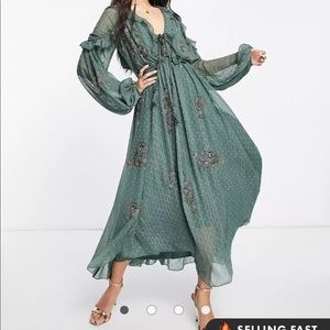 ASOS DESIGN embellished textured midi dress with ruffle and tie detail